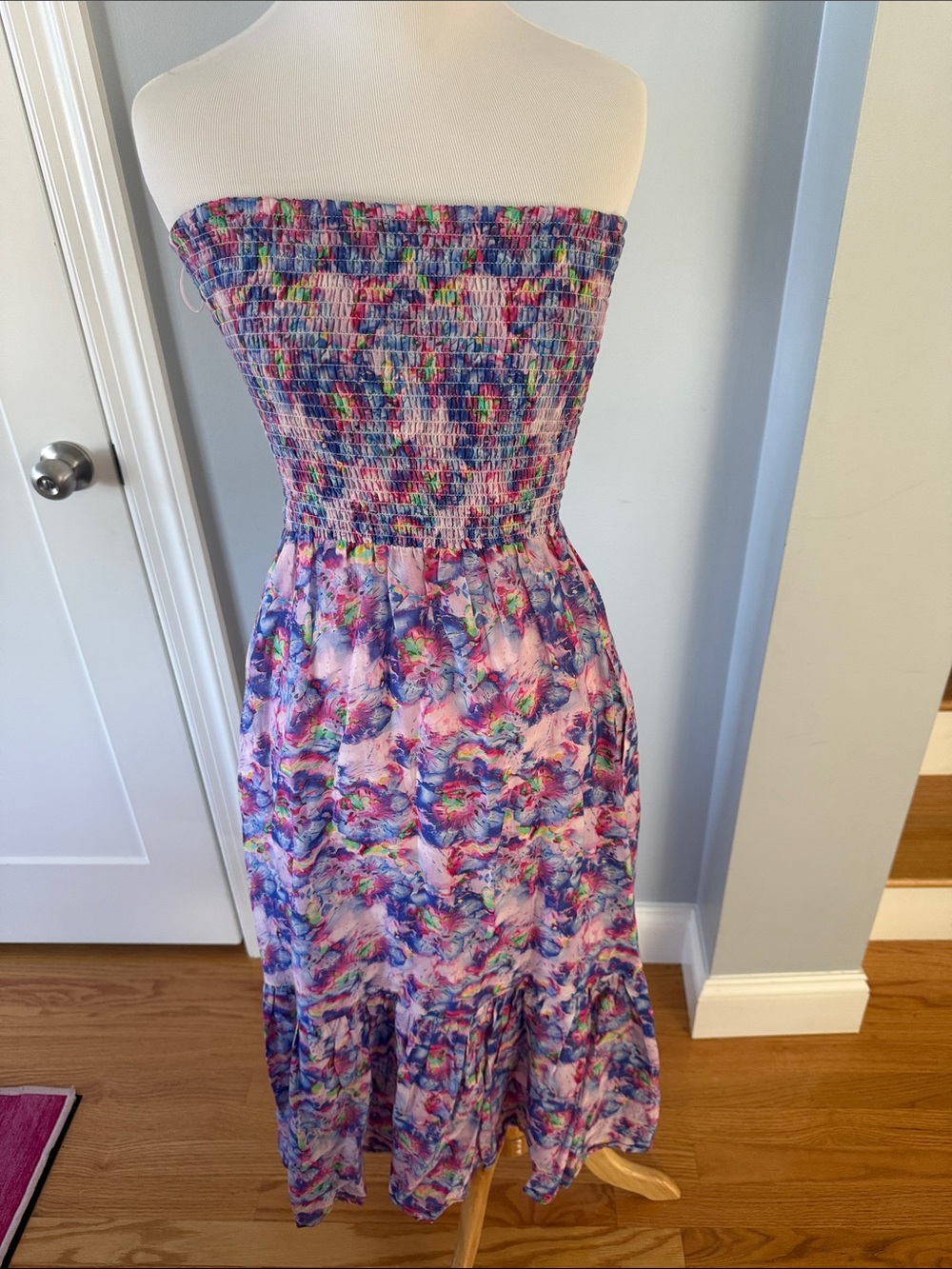 Smocked Strapless Midi Dress in Pastel Floral
